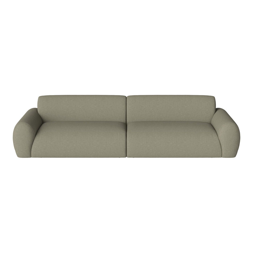 Olive green modern sofa with a smooth, textured fabric and rounded arms, perfect for contemporary living spaces.