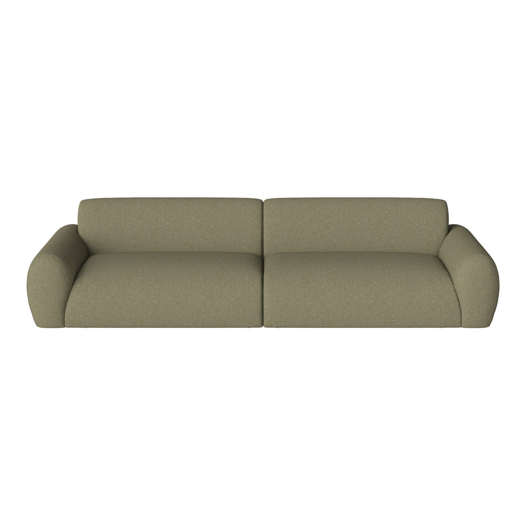 Two-seat sofa in soft olive green fabric with a smooth texture and rounded arms. Ideal for modern living spaces.