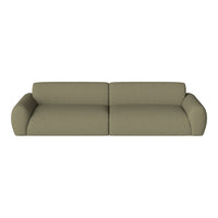 Two-seat sofa in soft olive green fabric with a smooth texture and rounded arms. Ideal for modern living spaces.