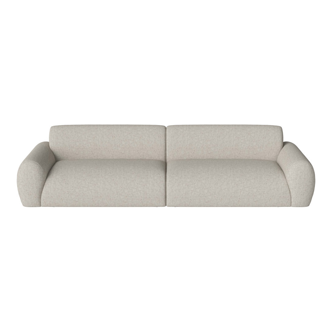 Light beige sofa with subtle textured pattern, featuring rounded arms for a cozy and inviting look.