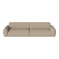 Beige modular sofa with a smooth, textured fabric and rounded arms for a modern, minimalist design.