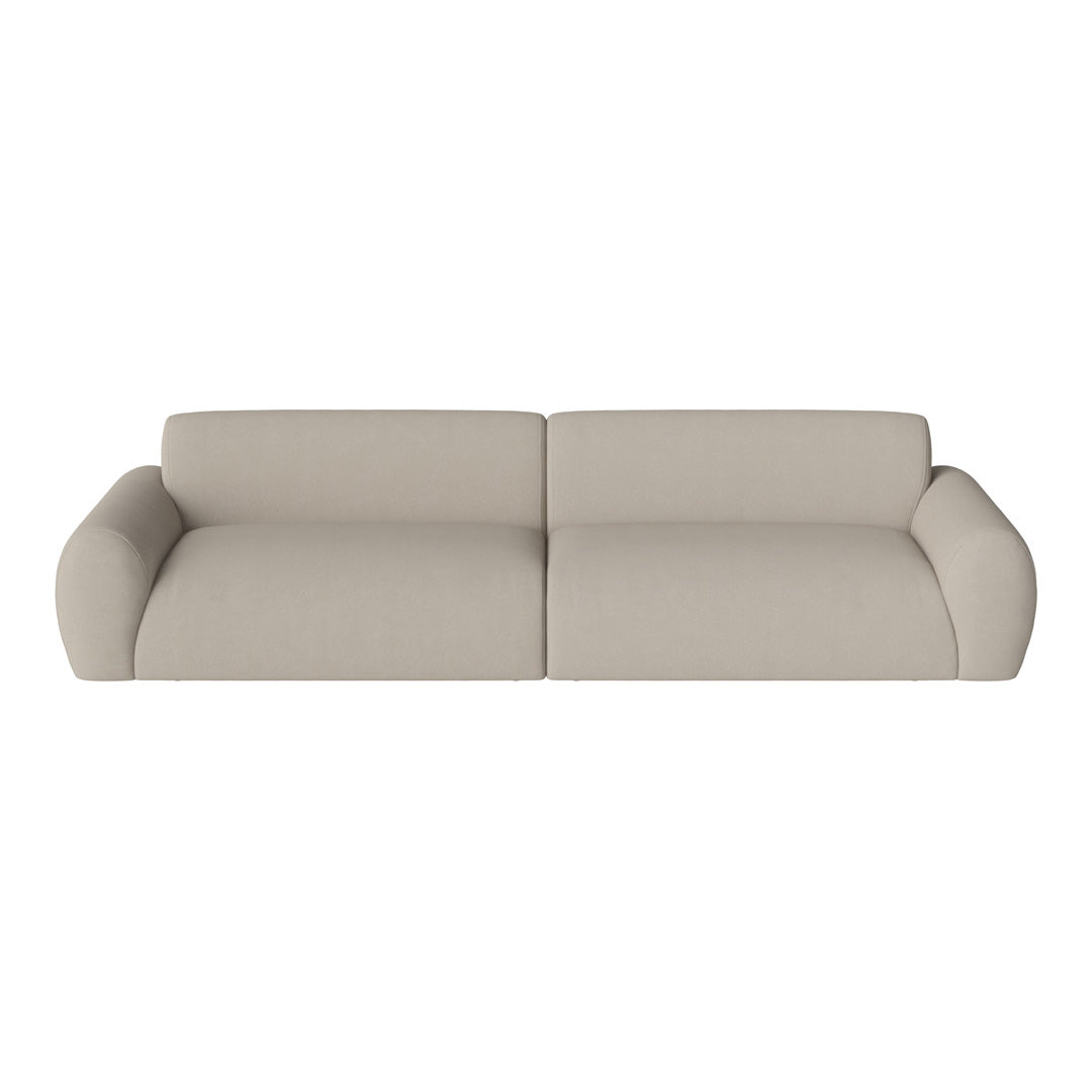 Beige modern sofa with smooth, minimalist design and rounded arms, ideal for contemporary interiors.