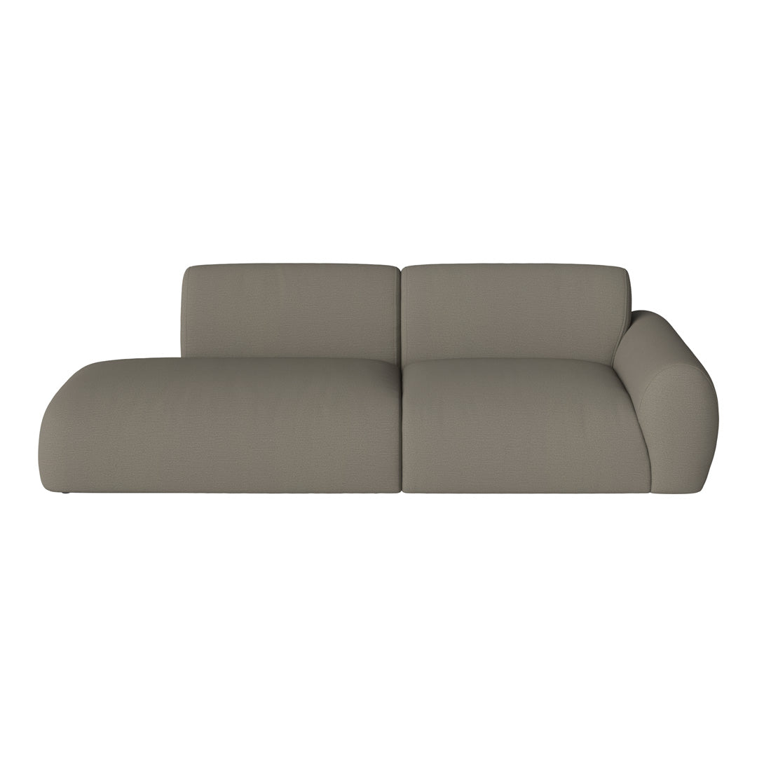 Sleek, modern sofa in soft taupe fabric with smooth, curved lines and a minimalist design. Perfect for contemporary spaces.