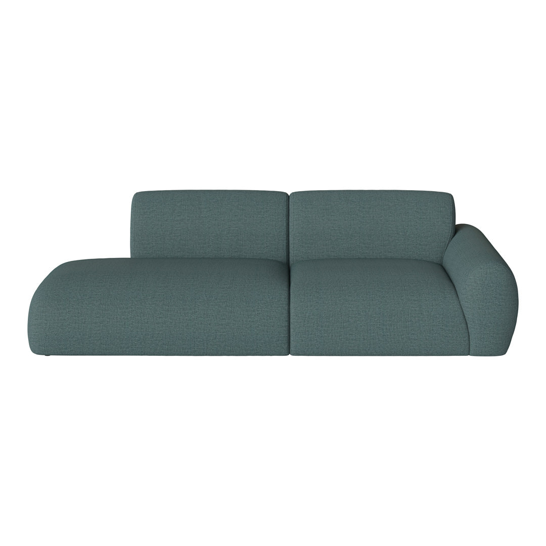 Teal upholstered sofa with a textured pattern, featuring smooth, rounded edges for a modern aesthetic.