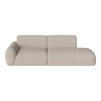 Beige modern sofa with a textured fabric and minimalistic design, featuring soft curves and a sleek profile.