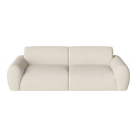 Cream-colored modern sofa with a smooth, textured fabric and rounded arms, perfect for minimalist decor.