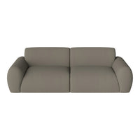Stylish, solid taupe fabric sofa with modern, curved armrests for contemporary living spaces.