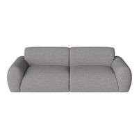 Light gray, textured fabric sofa with rounded arms and modern minimalist design, perfect for contemporary living spaces.