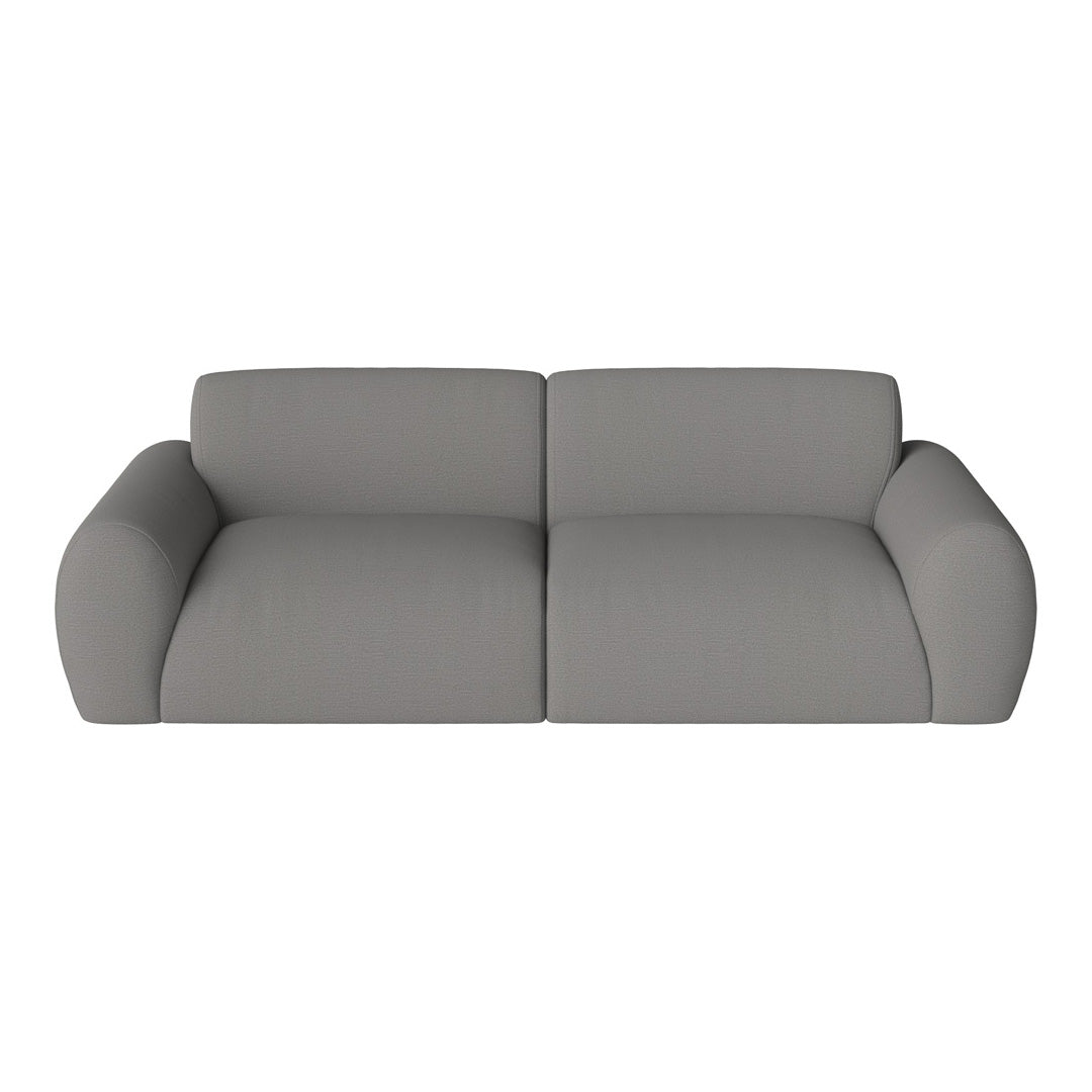 Modern grey sofa with smooth upholstery and rounded armrests, perfect for any contemporary living space.