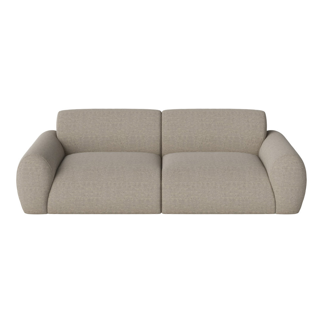 Beige fabric sofa with a subtle striped pattern, featuring rounded armrests for a modern look.
