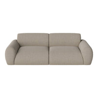 Beige fabric sofa with a subtle striped pattern, featuring rounded armrests for a modern look.