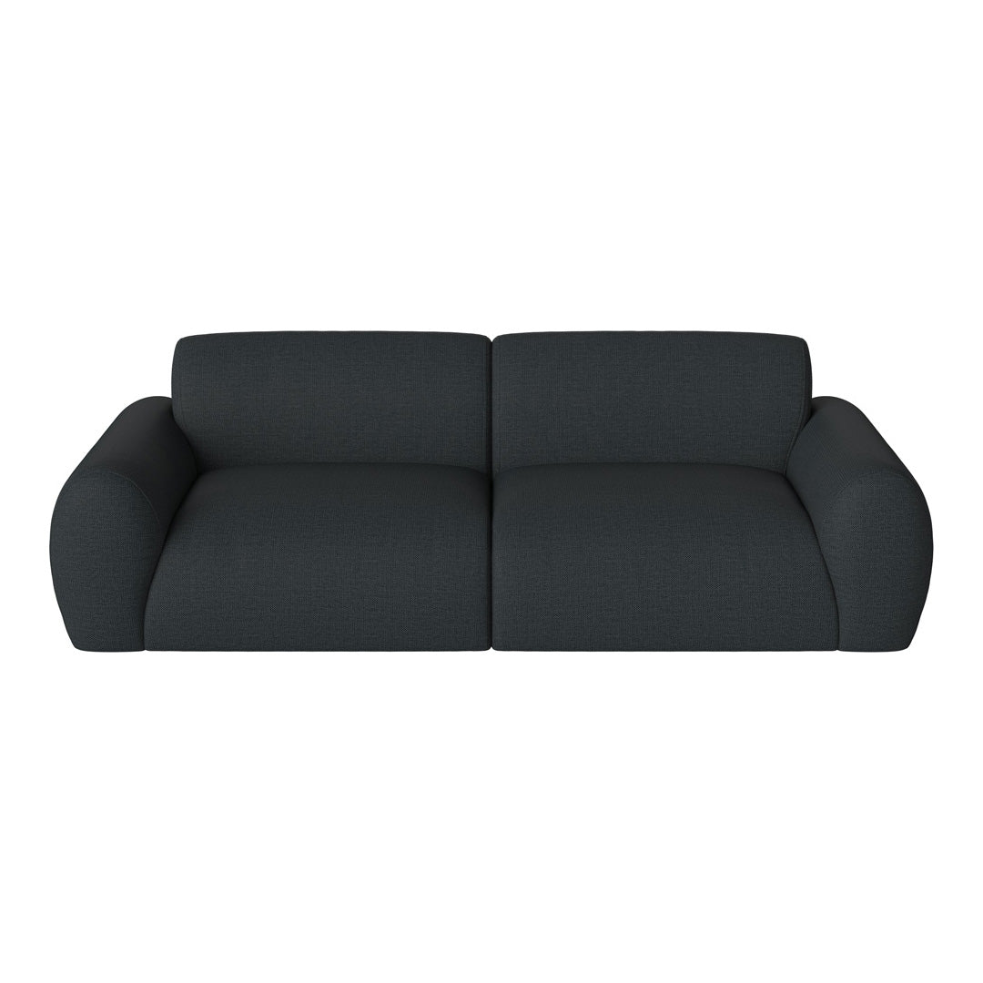 Dark gray fabric sofa with a textured pattern and smooth, rounded armrests. Modern design ideal for any living space.