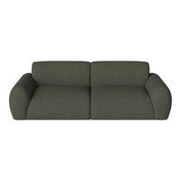 Green fabric two-seater sofa with a textured pattern and rounded arms, perfect for modern living spaces.