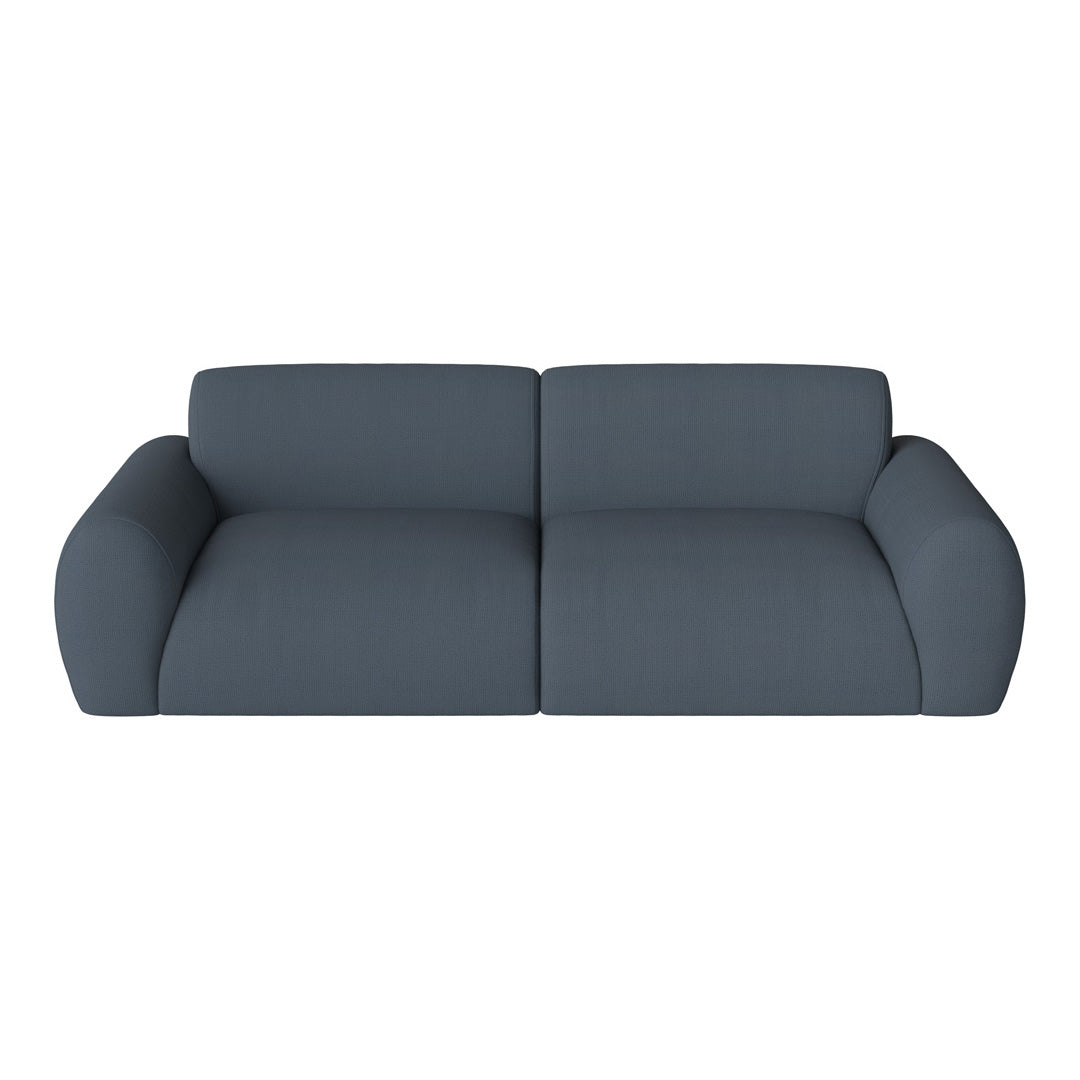 Dark blue modern sofa with smooth, textured upholstery and rounded armrests, perfect for contemporary interiors.