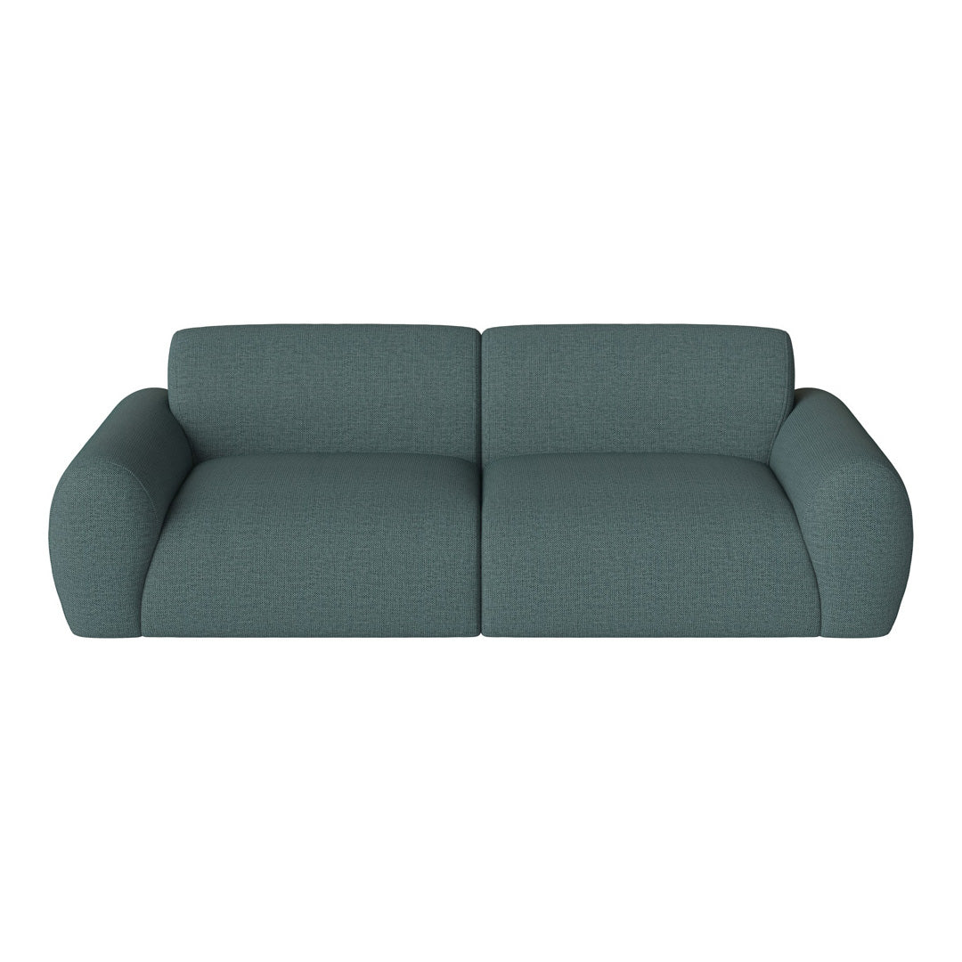 Teal fabric sofa with a textured pattern, featuring rounded arms for a contemporary look. Ideal for modern interiors.
