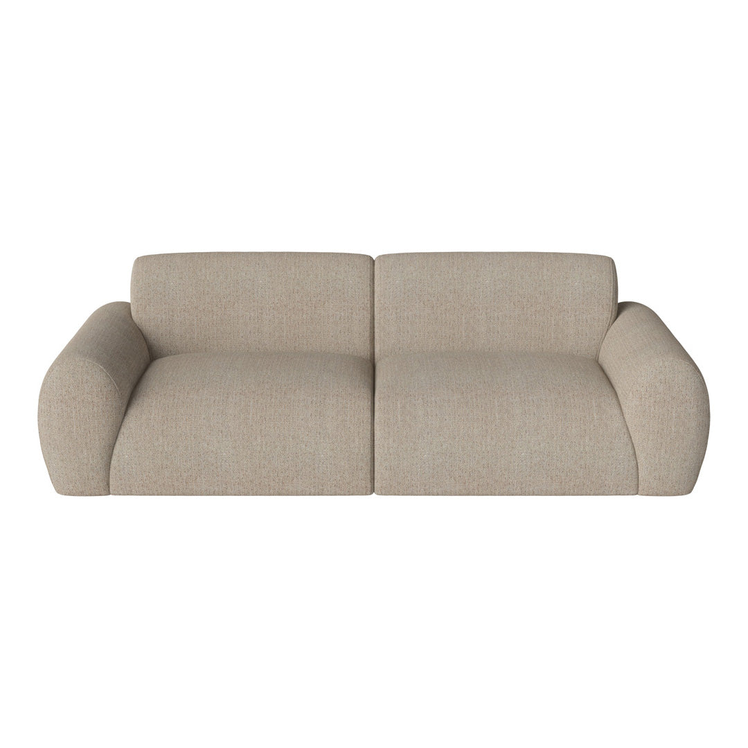 Beige two-seater sofa with a soft, textured fabric and rounded edges, perfect for modern interiors.