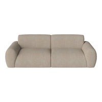 Beige two-seater sofa with a soft, textured fabric and rounded edges, perfect for modern interiors.