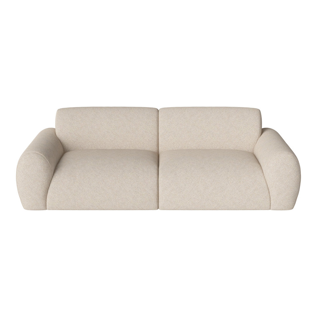 Beige sofa with a cozy, textured fabric and smooth, rounded armrests, ideal for modern living spaces.