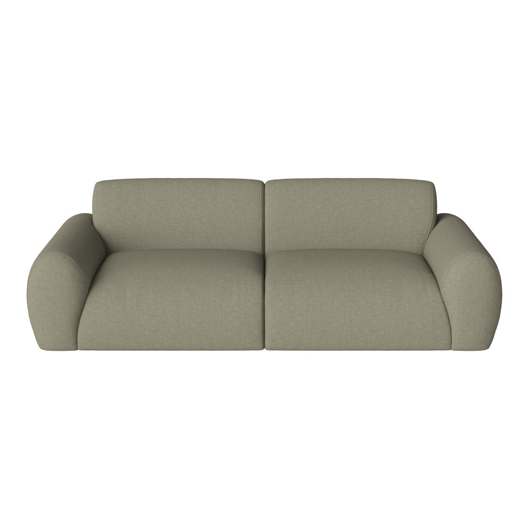 Soft green, textured fabric sofa with rounded arms and a minimalist design, perfect for modern interiors.