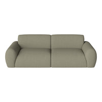 Soft green, textured fabric sofa with rounded arms and a minimalist design, perfect for modern interiors.