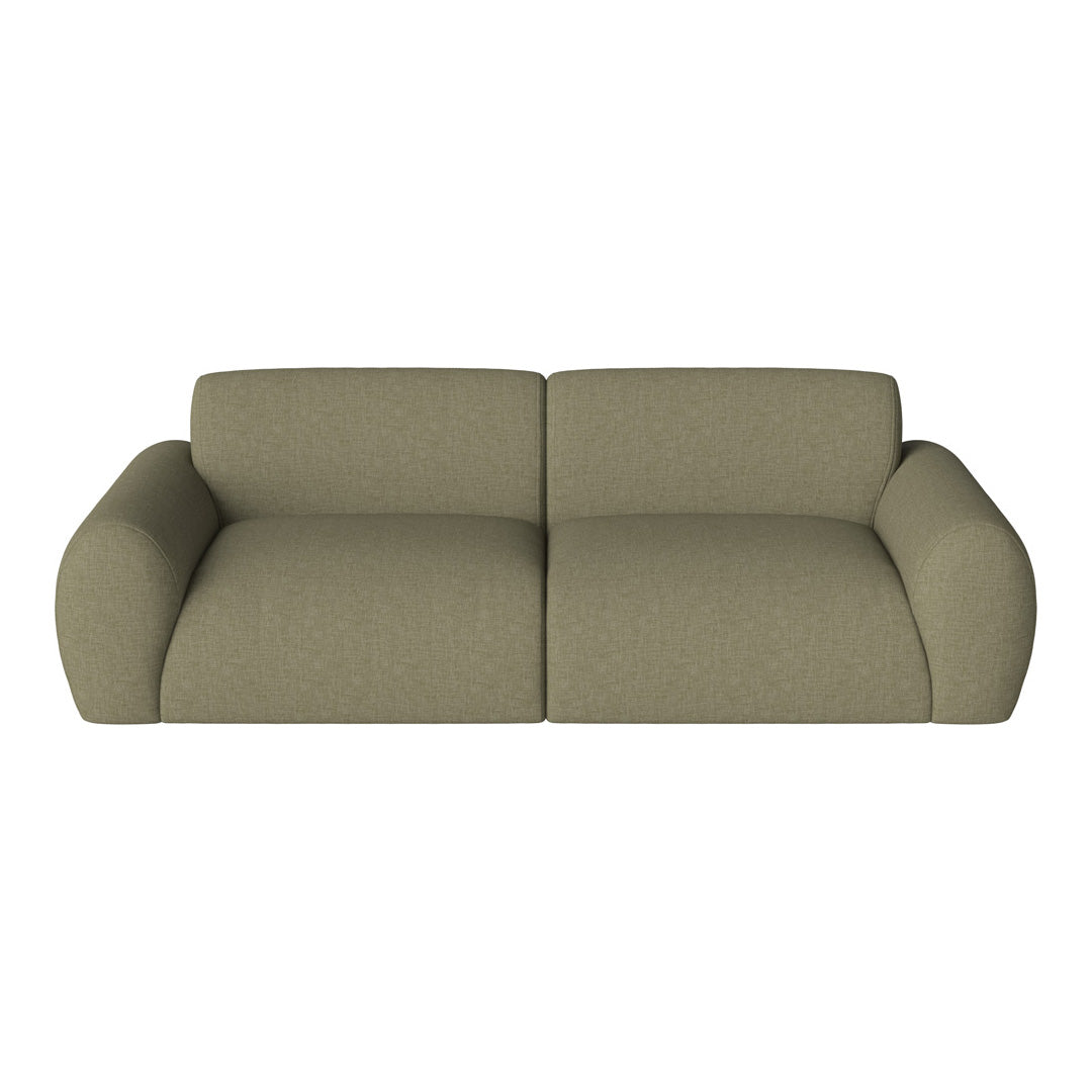 Olive green modern couch with a textured fabric pattern, featuring rounded arms and minimalist design.