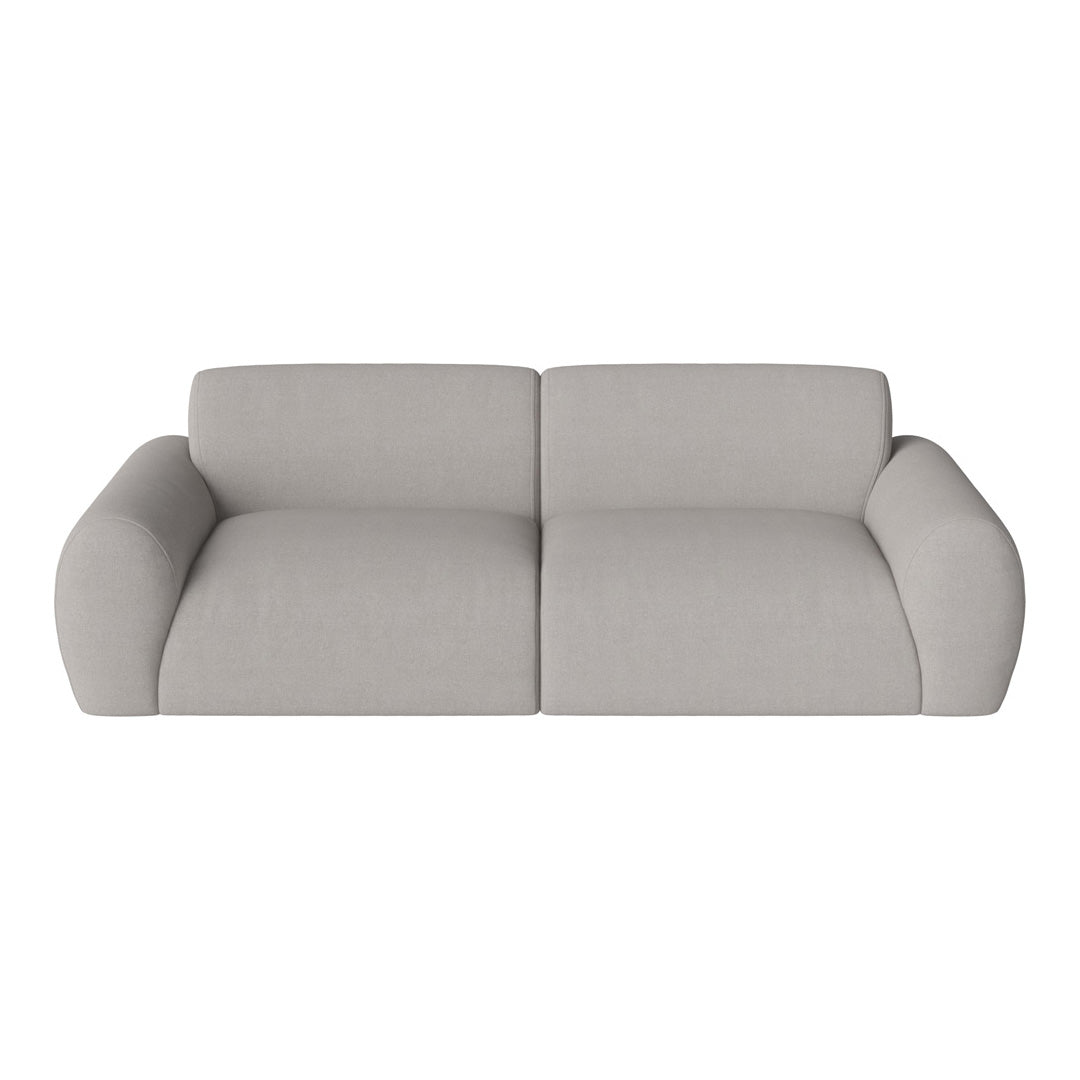 Modern two-seater sofa in soft light gray upholstery with smooth, minimalist design and plush rounded arms.