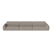 Beige modern sofa with smooth, textured upholstery and rounded arms, perfect for contemporary living spaces.
