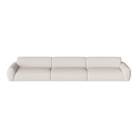 Modern beige upholstered sofa with smooth, no-patterned fabric and rounded arms for a minimalist look.