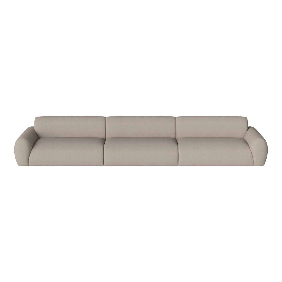 Beige modern sofa with smooth, minimalist design and rounded arms, ideal for contemporary living spaces.