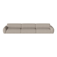 Beige modern sofa with smooth, minimalist design and rounded arms, ideal for contemporary living spaces.
