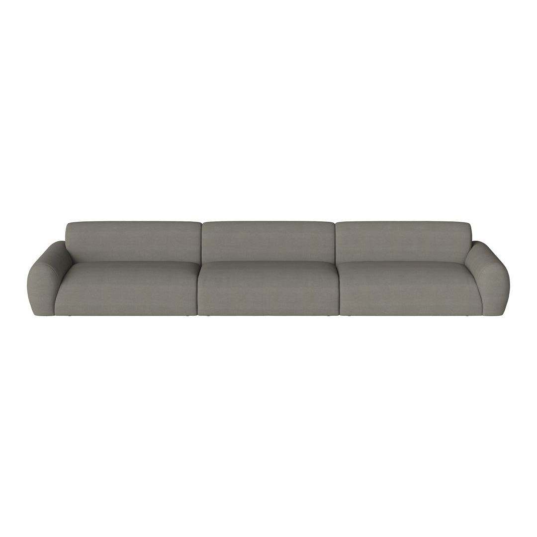 Gray upholstered sofa with a sleek, modern design and smooth fabric texture. Ideal for contemporary living spaces.