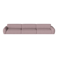 Muted pink three-seater sofa with smooth fabric and rounded edges, ideal for modern living spaces.