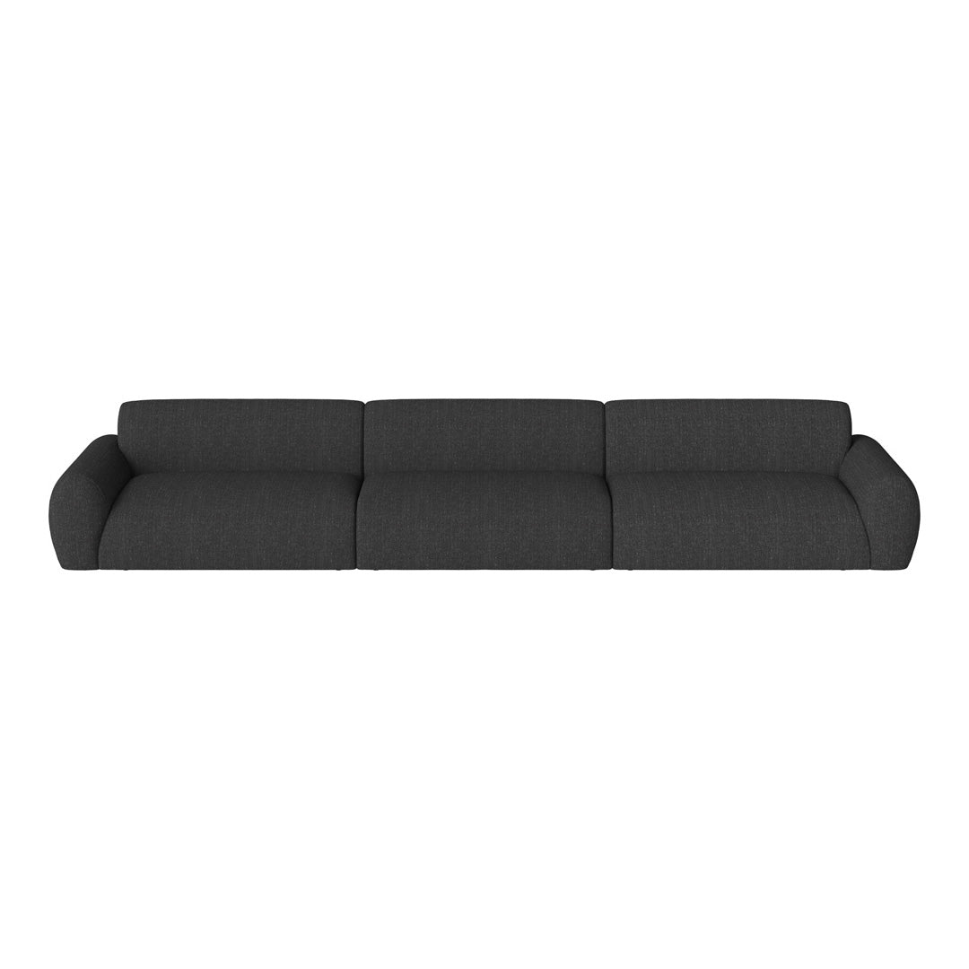 Modern gray three-seater sofa with a textured fabric pattern, featuring a sleek, low-profile design.