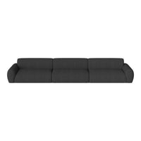 Modern gray three-seater sofa with a textured fabric pattern, featuring a sleek, low-profile design.