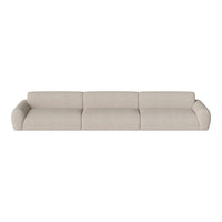 Beige upholstered sofa with smooth, minimalist design and subtle textured pattern. Ideal for modern interiors.