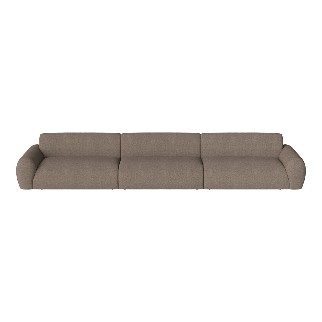 Brown upholstered sofa with a minimalist design and soft, curved lines, perfect for modern interiors.
