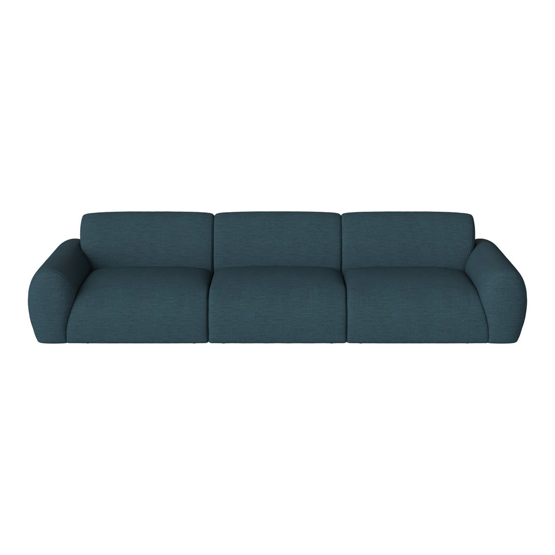 Teal upholstered sofa with a smooth, textured fabric and rounded armrests, featuring a minimalist design.