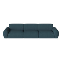 Teal upholstered sofa with a smooth, textured fabric and rounded armrests, featuring a minimalist design.