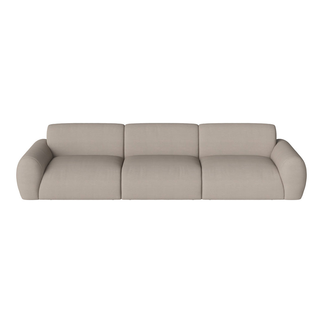 Beige modern sofa with smooth fabric and curved armrests, featuring a minimalist and elegant design.