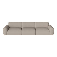 Beige modern sofa with smooth fabric and curved armrests, featuring a minimalist and elegant design.