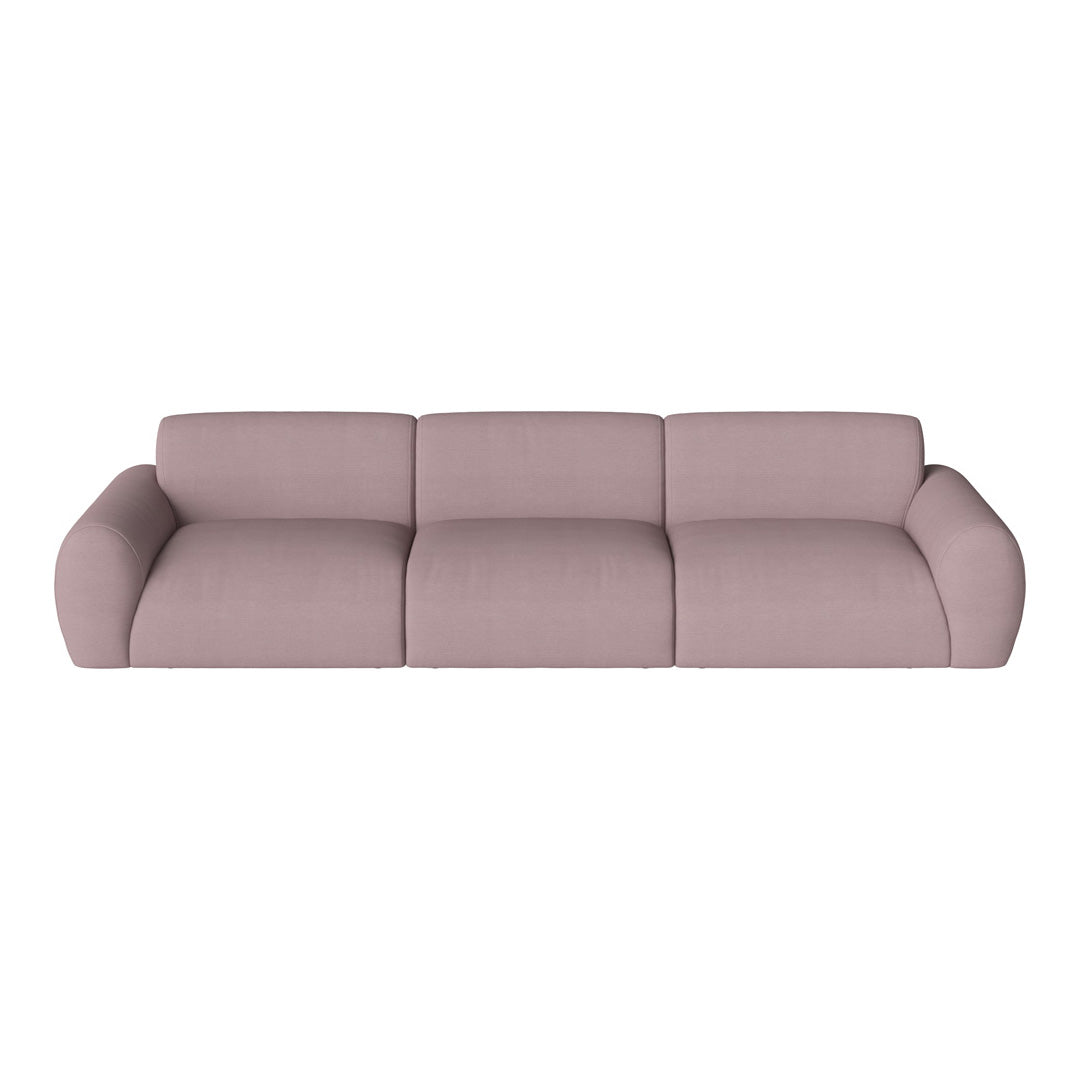 Soft pink modern sofa with smooth upholstery and rounded arms, perfect for contemporary living spaces.