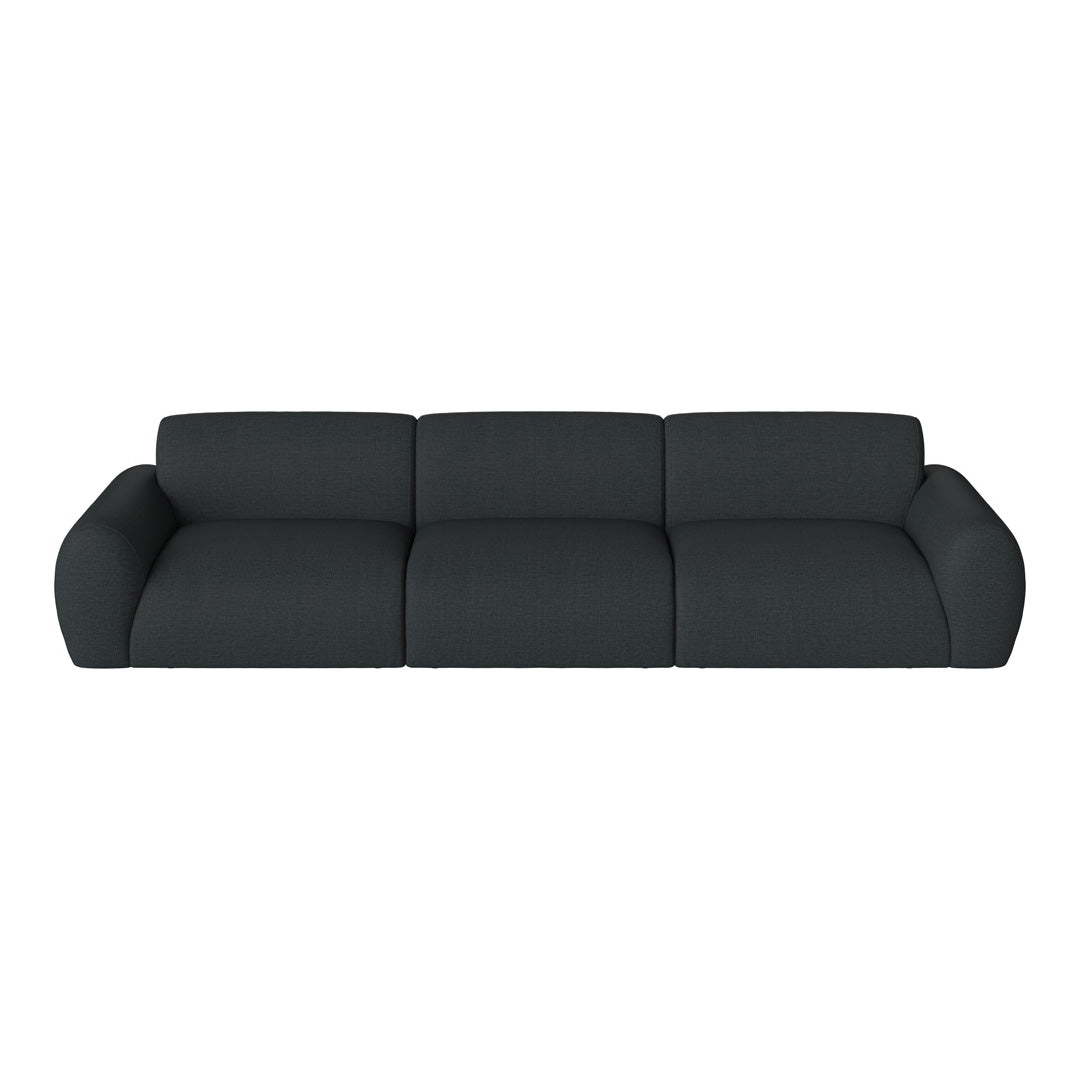 Dark gray modern sofa with a smooth, textured fabric and rounded arms, perfect for contemporary living spaces.