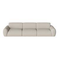 Light beige couch with smooth texture and minimalist design, showcasing soft, rounded armrests and seamless cushions.