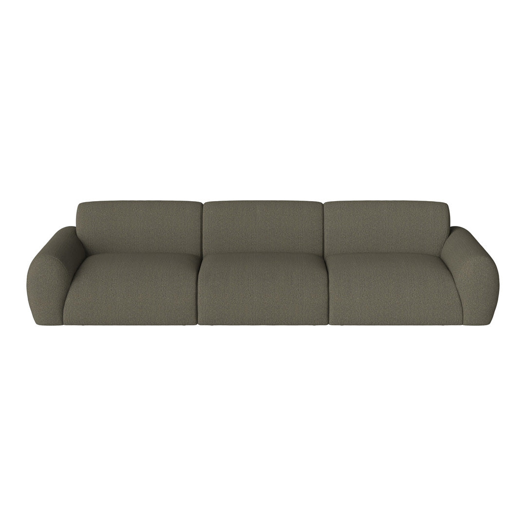 Olive green plush sofa with a smooth, textured fabric and modern, curved shape. Perfect for contemporary decor.