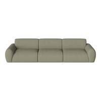 Modern three-seater sofa in a soft, muted olive green fabric with smooth, minimalist lines and no visible patterns.