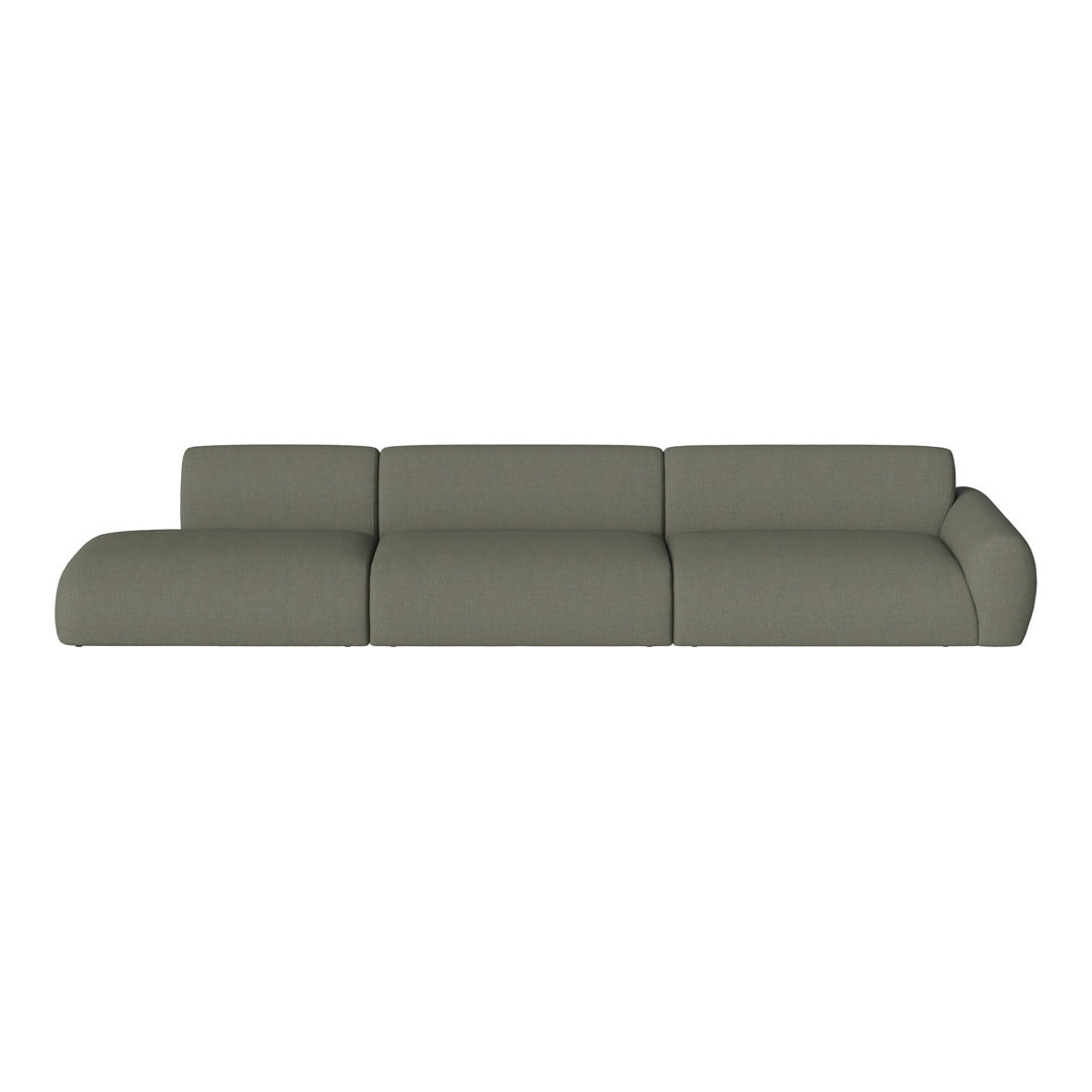Sleek, modern sofa in a muted olive green fabric with smooth, minimalist design and cozy, rounded edges.