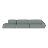 Light gray sectional sofa with a smooth, minimalist design and soft, textured fabric. Perfect for modern living spaces.