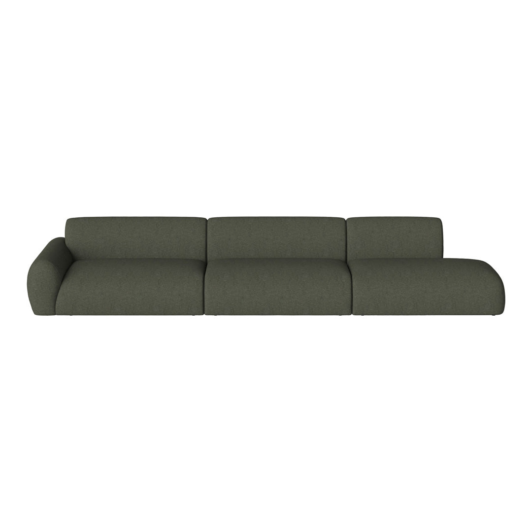 Sleek modern sofa in a rich olive green fabric with a smooth, textured finish. Perfect for contemporary spaces.