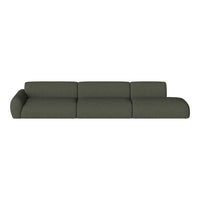 Sleek modern sofa in a rich olive green fabric with a smooth, textured finish. Perfect for contemporary spaces.