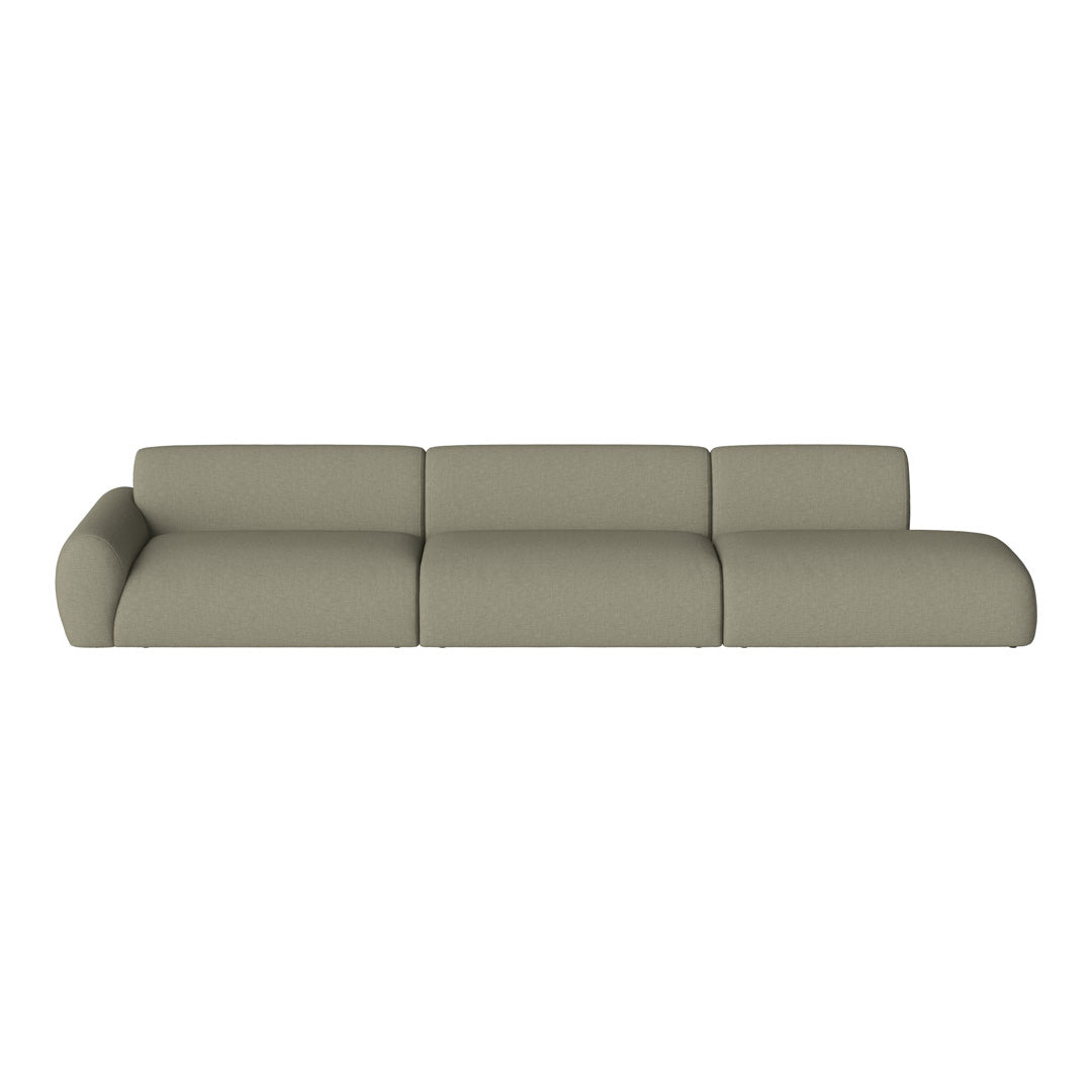 Sleek, modern sofa in muted olive green fabric with smooth, rounded shapes and minimalistic design.